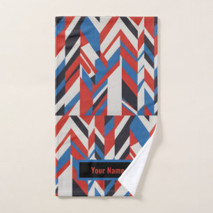 Blue, red and white optical abstract art hand towel 