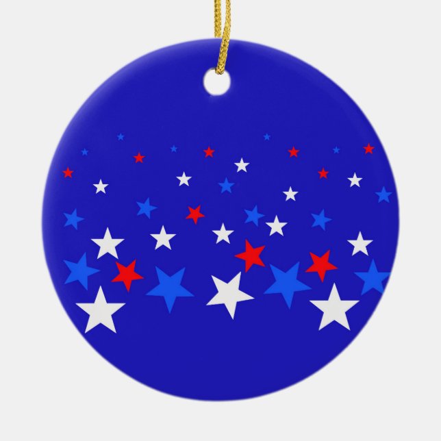 Blue, Red and White Star Pattern Ceramic Ornament (Front)