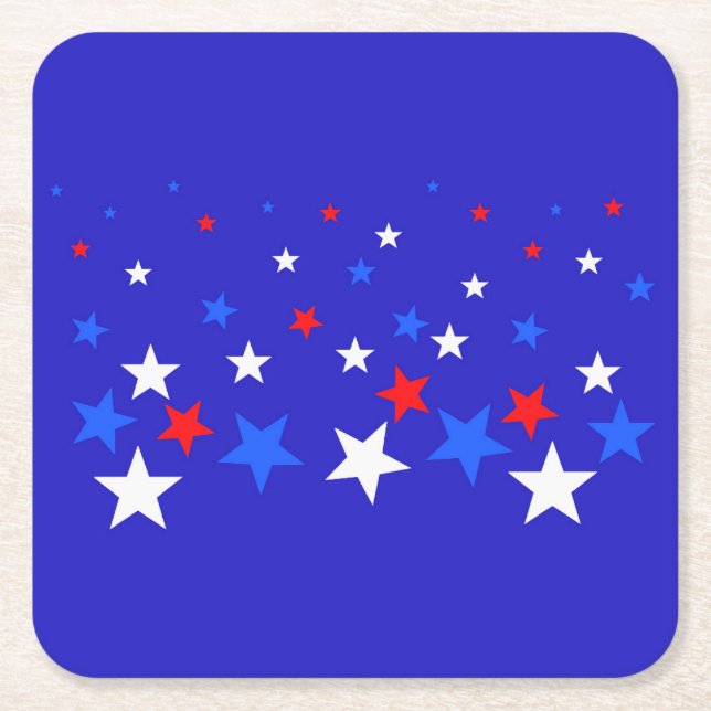 Blue, Red and White Star Pattern Square Paper Coaster (Front)