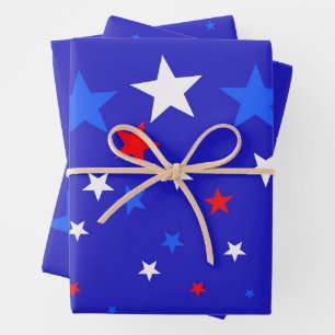 Blue, Red and White Star Pattern Wrapping Paper Sheets
