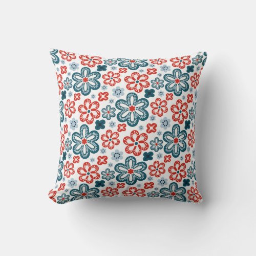 Blue Red and White Whimsical Flower Motifs Throw Pillow