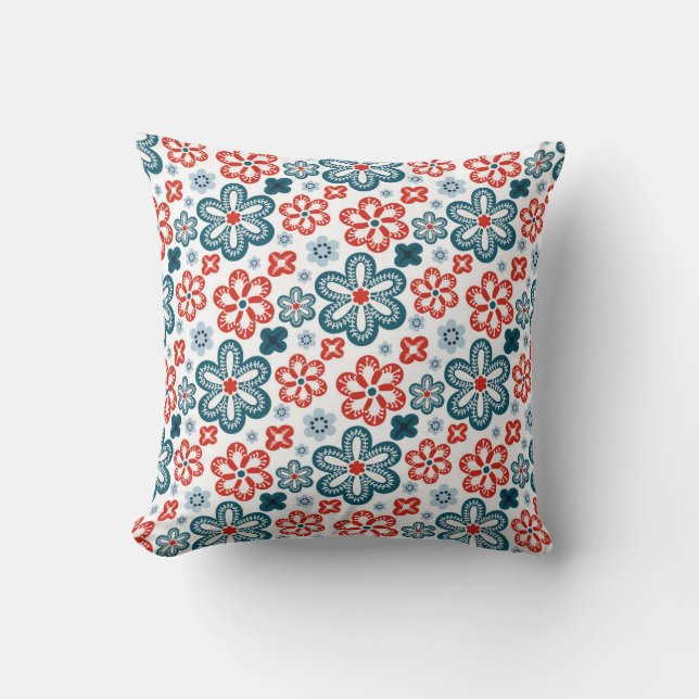 Blue, Red and White Whimsical Flower Motifs Throw Pillow (Front)