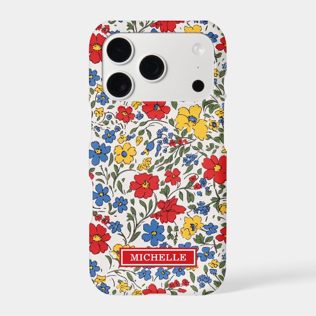 Blue Red and Yellow Ditsy Flowers Monogrammed Case-Mate iPhone Case (Back)
