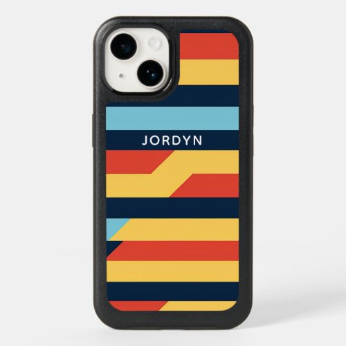 Blue Red and Yellow Racing Stripes Custom Name OtterBox iPhone 14 Case