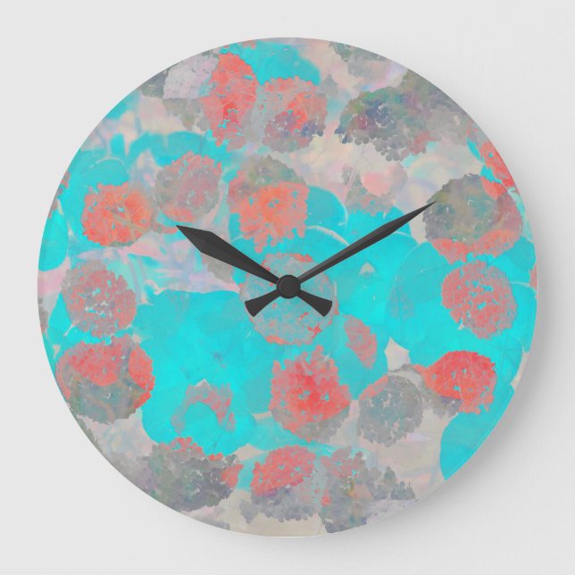 Blue red art of romantic floral / flower pattern large clock (Front)