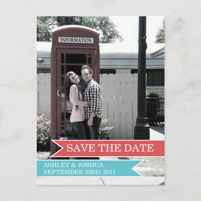 Blue & Red Banner Photo Save The Date Post Cards (Front)