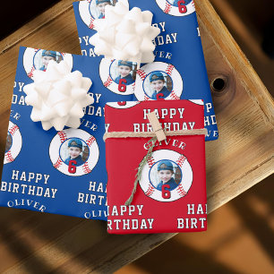 Blue Red Baseball Ball Kids Birthday Photo Wrapping Paper Sheets