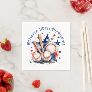 Blue Red Baseball Bat Ball Name BIrthday Party Napkins