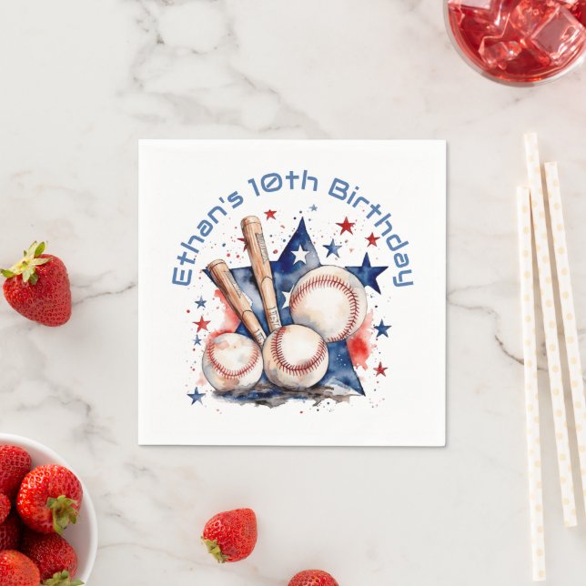 Blue Red Baseball Bat Ball Name BIrthday Party Napkins (Insitu)