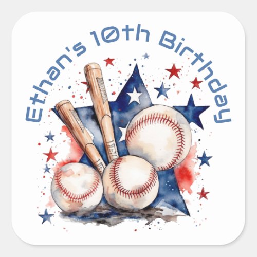 Blue Red Baseball Bat Ball Name BIrthday Party Square Sticker