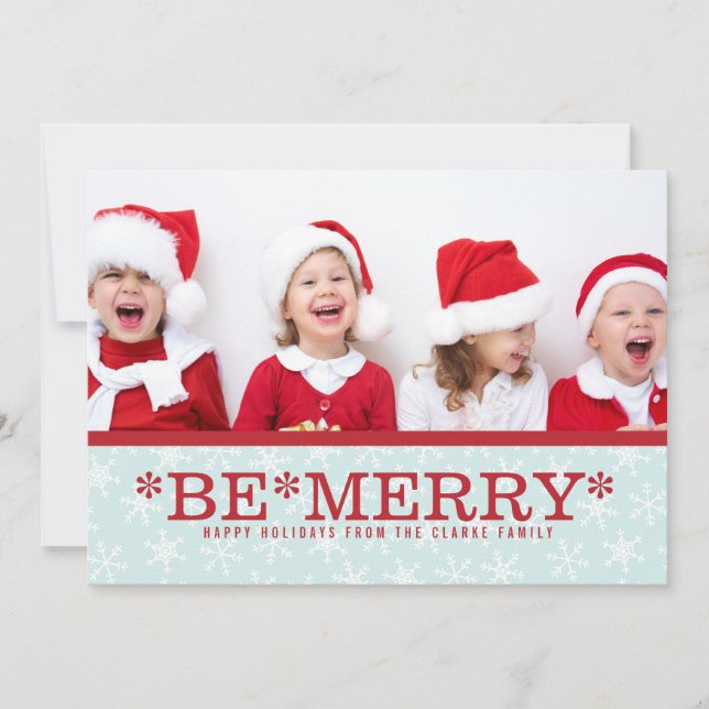 Blue Red Be Merry Modern Holiday Photo Card (Front)