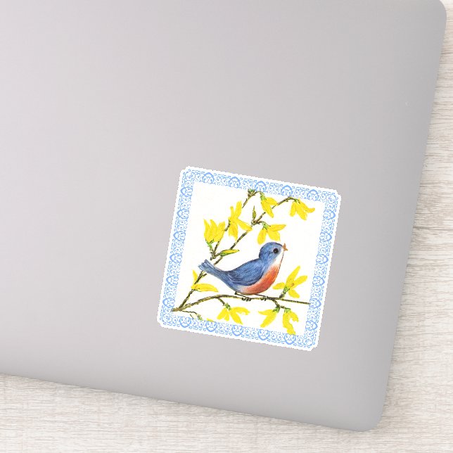 Blue Red Bird Branch Yellow Flowers Blue Border Sticker (Detail)