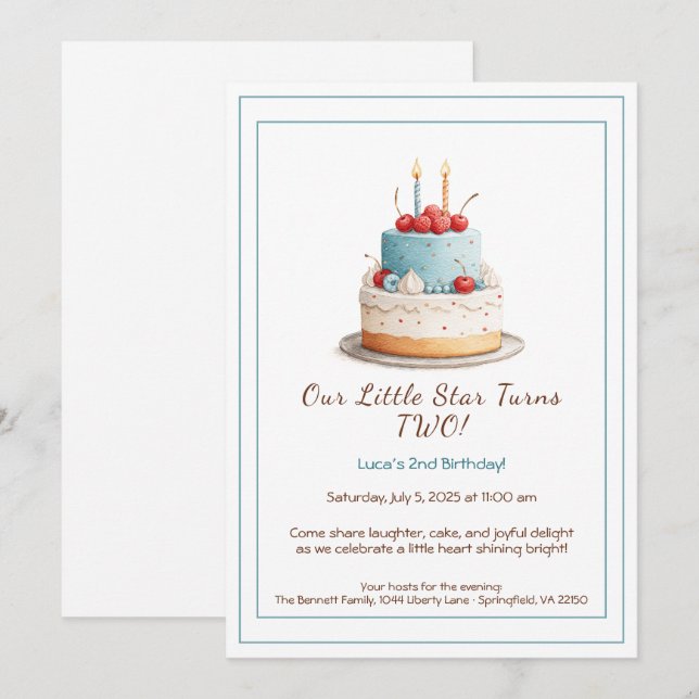 Blue & Red Birthday Cake – 2nd Birthday Invitation (Front/Back)