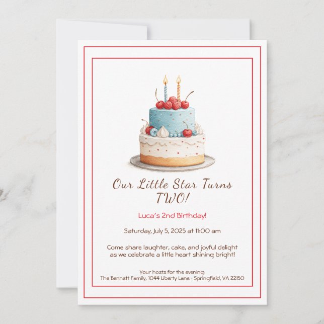 Blue & Red Birthday Cake – 2nd Birthday Invitation (Front)