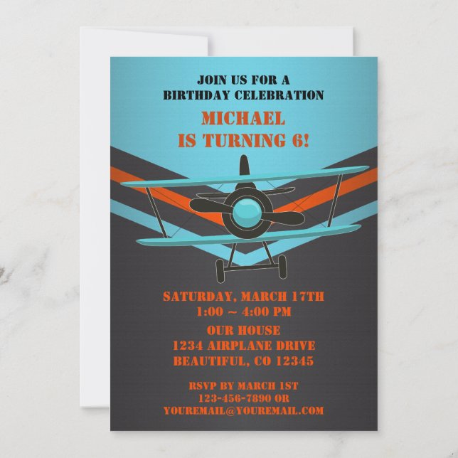 Blue, Red, Black Airplane Aviation Birthday Party Invitation (Back)