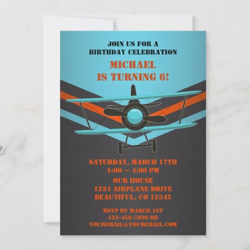 Blue Red Black Airplane Aviation Birthday Party Invitation