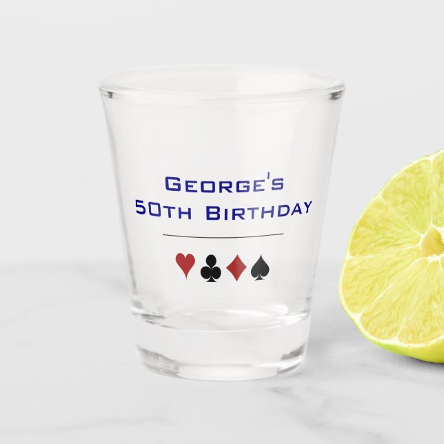 Blue Red Black Gambling Casino Card Suits Birthday Shot Glass (Front)