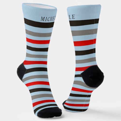 Blue Red Black Grey Lines Striped Custom Name  Socks