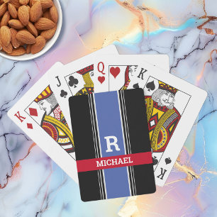 Blue Red & Black Stripes, Bold Monogram & Name Poker Cards