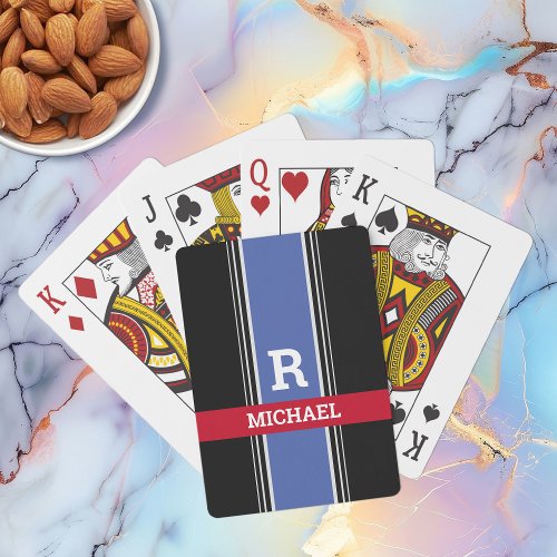 Blue Red  Black Stripes Bold Monogram  Name Poker Cards