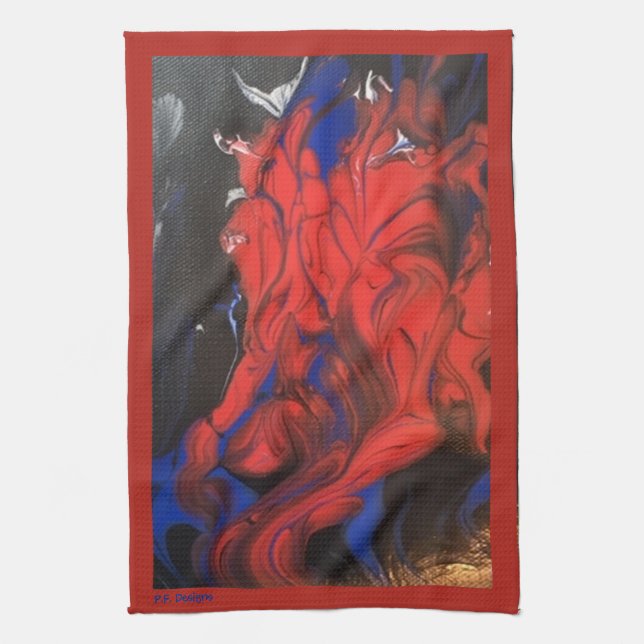 Blue Red Black White Abstract Acrylic Kitchen Towel (Vertical)