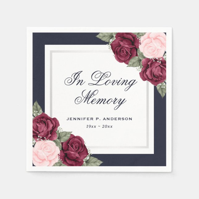 Blue Red Blush Pink Floral Funeral Memorial Napkins (Front)