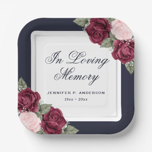 Blue Red Blush Pink Floral Memorial Funeral Paper Plates