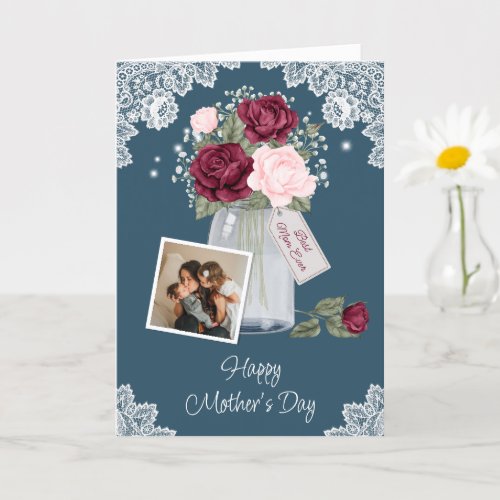 Blue Red Blush Rose Photo Happy Mothers Day Card