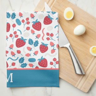 Blue Red Boho Strawberry Pattern Monogram Kitchen Towel