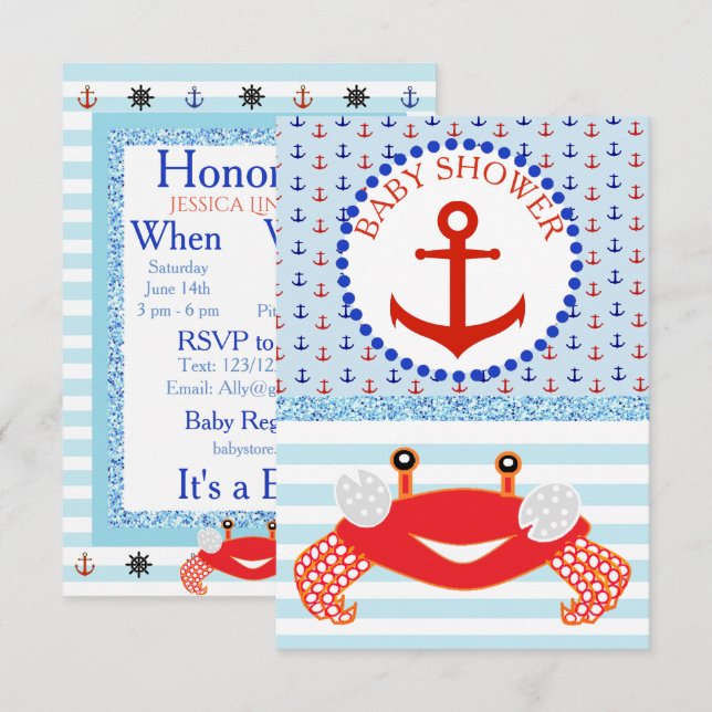 Blue & Red Boy Crab Beachy Baby Shower Invitation (Front/Back)
