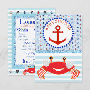 Blue & Red Boy Crab Beachy Baby Shower Invitation