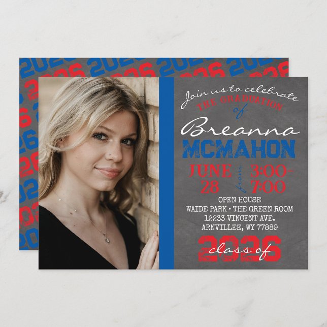 Blue & Red Chalkboard Graduation Invitation (Repeating Class Year Chalkboard Graduation Photo Invitations)