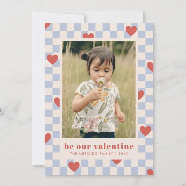 Blue Red Checkerboard Hearts Valentine's Day Card (Front)
