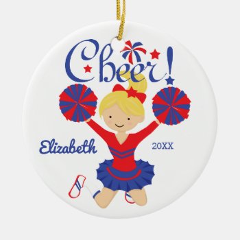Blue & Red Cheer Blonde Cheerleader Ornament by celebrateitornaments at Zazzle
