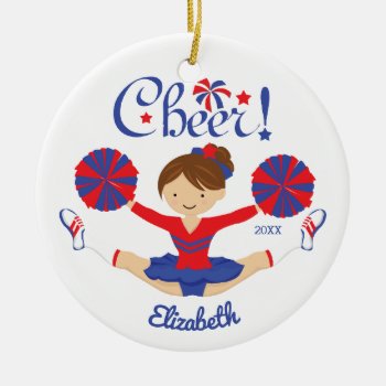 Blue Red Cheer Brunette Cheerleader Personalized Ceramic Ornament by celebrateitornaments at Zazzle