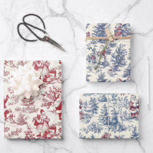 Blue & Red Christmas Santa Toile Wrapping Paper Sheets