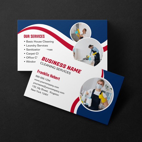 Blue  Red Cleaning Service Housekeeping Maid Business Card