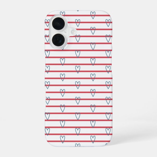 Blue Red Coastal Nautical Hearts Stripes Cute Chic iPhone Case (Back)
