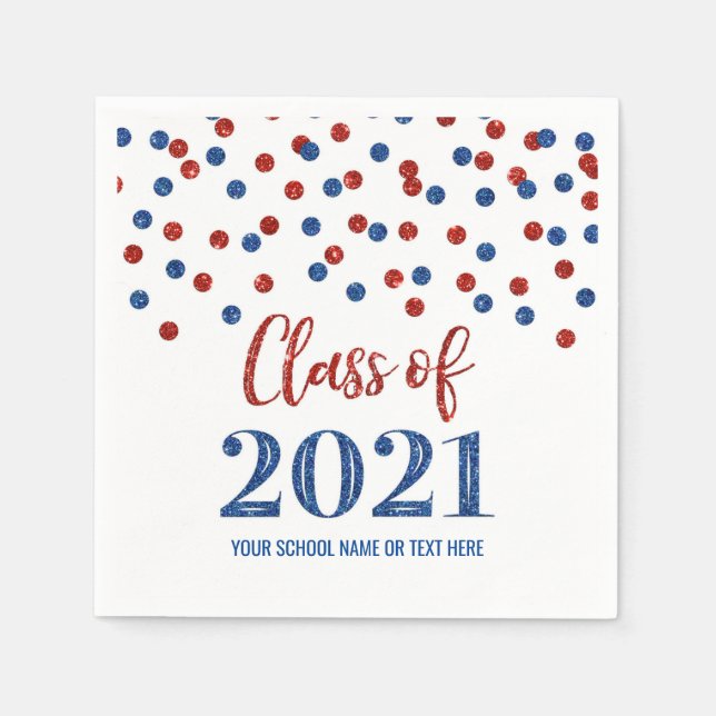 Blue Red Confetti Class of 2021 Graduation Napkins (Front)