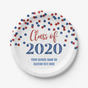 Blue Red Confetti Graduation 2020 Paper Plates