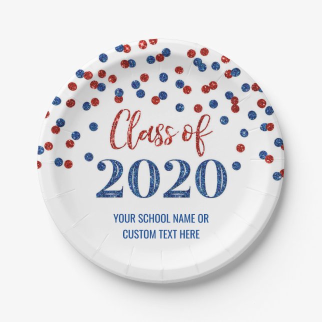 Blue Red Confetti Graduation 2020 Paper Plates (Front)