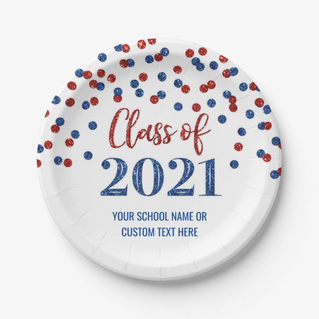Blue Red Confetti Graduation 2021 Paper Plates (Front)