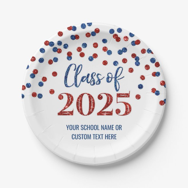 Blue Red Confetti Graduation 2025 Paper Plates (Front)