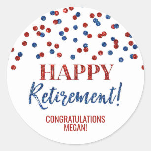 Blue Red Confetti Happy Retirement Classic Round Sticker