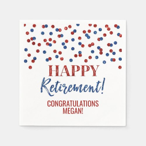 Blue Red Confetti Happy Retirement Napkins