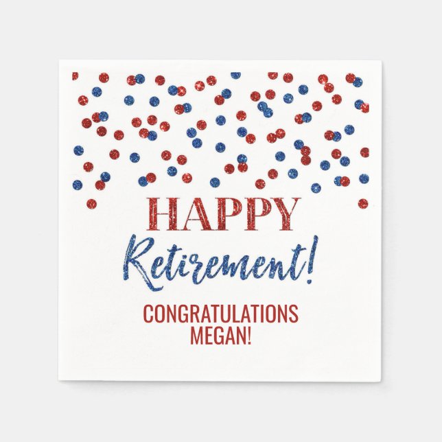 Blue Red Confetti Happy Retirement Napkins (Front)