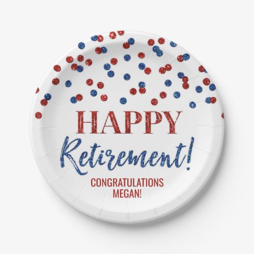 Blue Red Confetti Happy Retirement Paper Plates