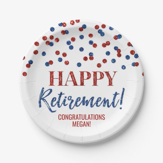 Blue Red Confetti Happy Retirement Paper Plates (Front)
