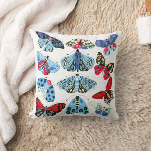 Blue Red Cream moths and butterflies Throw Pillow