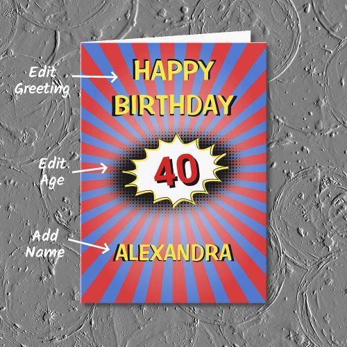Blue red custom name and age retro birthday card